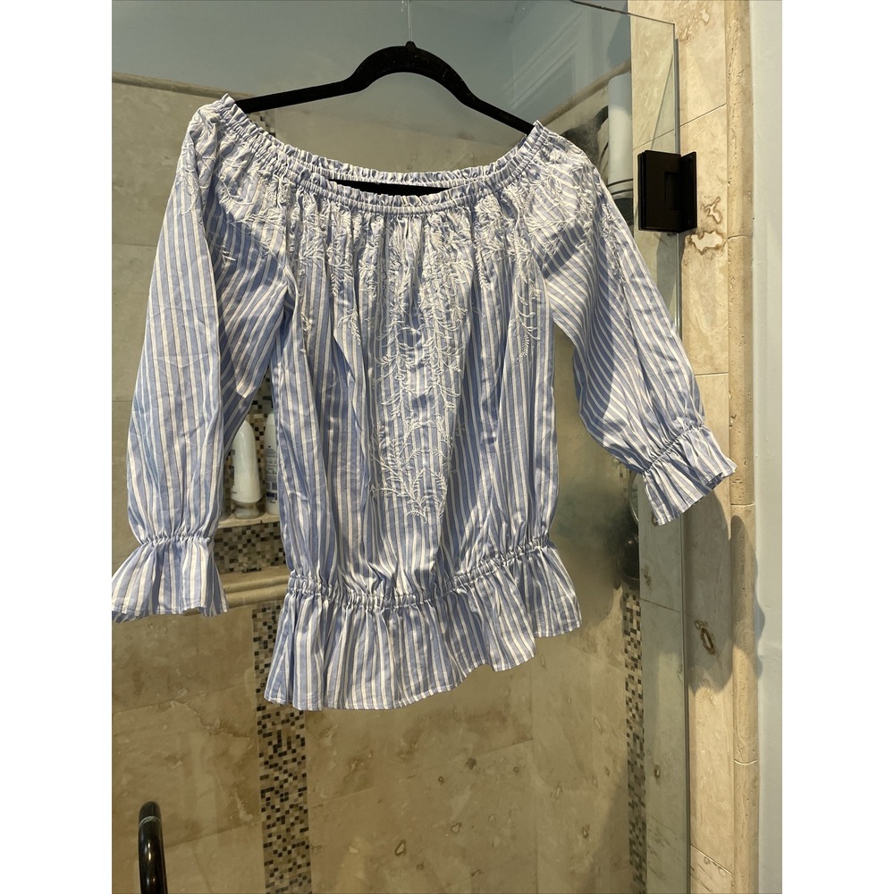 White House Black Market Off the Shoulder Peplum Embroidered Striped Blouse S